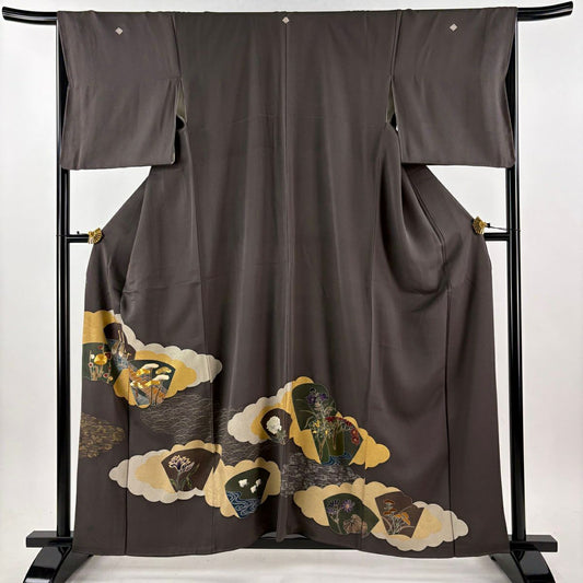 【美品】 色留袖禮服 身長158.5cm 袖長67cm M 雙層 雲文 松樹 金銀彩 金絲 灰茶 純蠶絲 秀品級 三つ紋