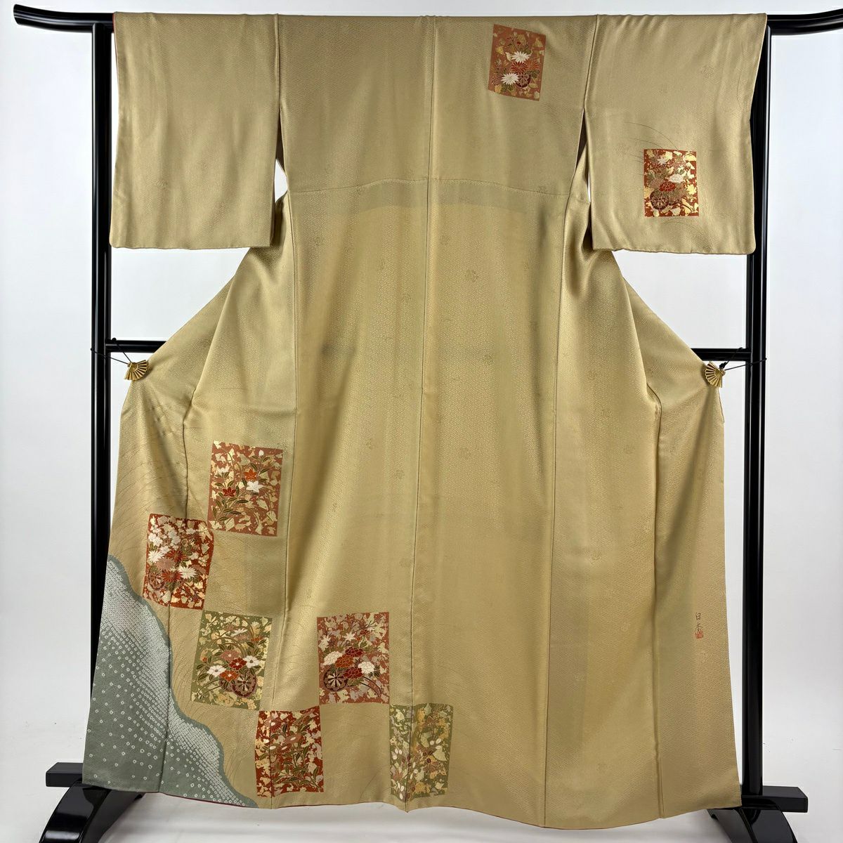 【美品】 付下 身長162cm 袖長64cm M 雙層 落款あり 色紙 花車 金銀彩 絞染 米色 純蠶絲 秀品級
