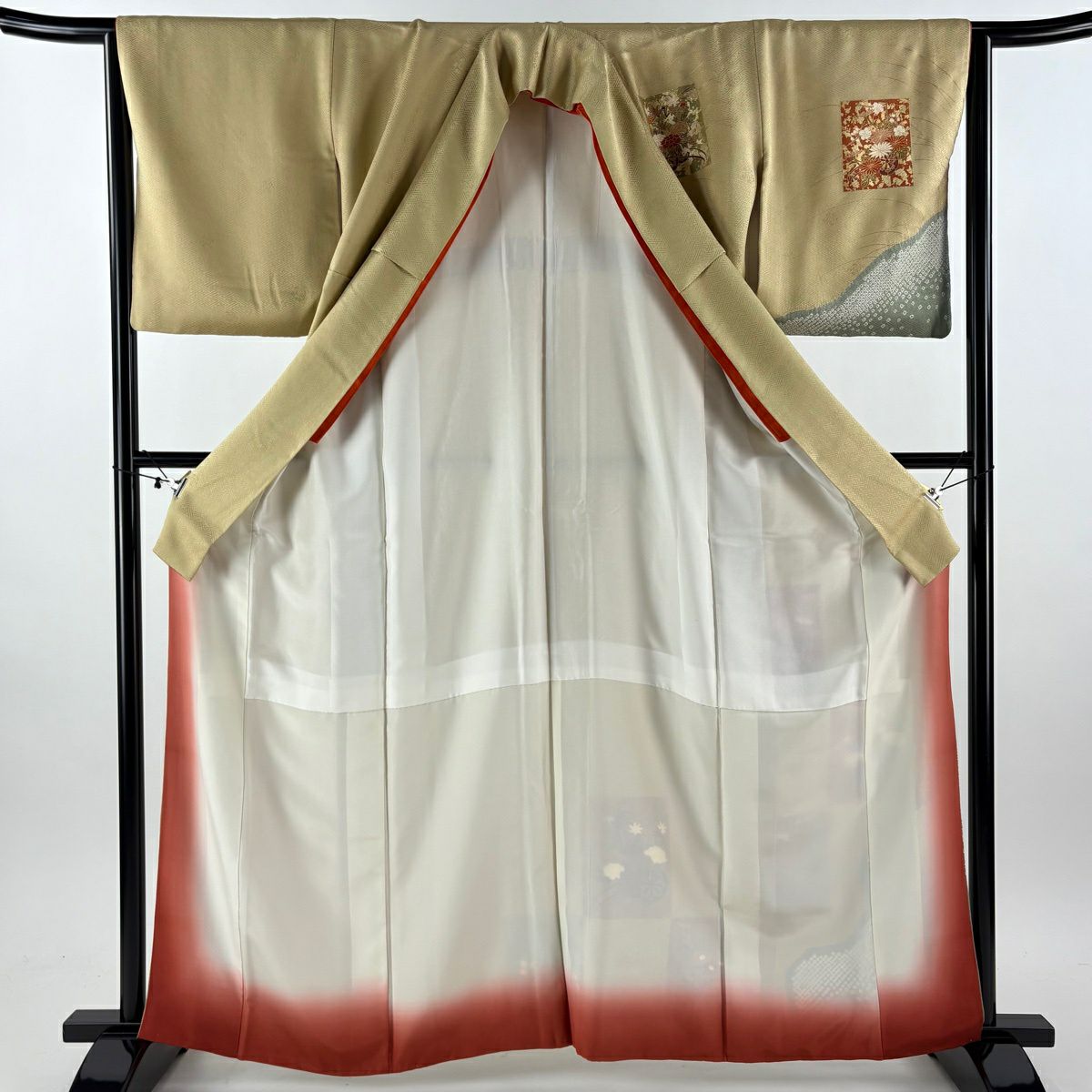 【美品】 付下 身長162cm 袖長64cm M 雙層 落款あり 色紙 花車 金銀彩 絞染 米色 純蠶絲 秀品級