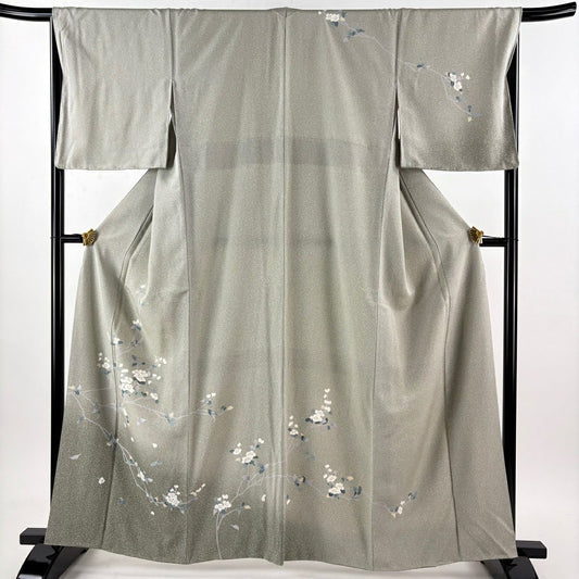 【美品】訪問服 身長161cm 袖長64cm M 雙層 枝花 漸層 灰綠 純蠶絲 優品級