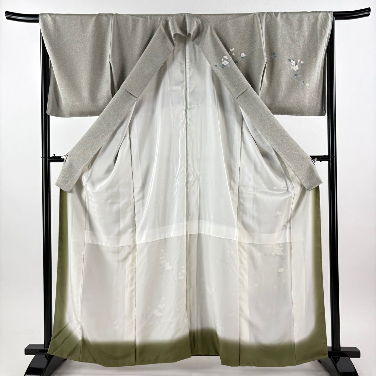 【美品】訪問服 身長161cm 袖長64cm M 雙層 枝花 漸層 灰綠 純蠶絲 優品級