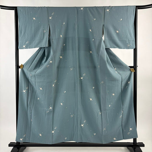 小紋 身長155cm 袖長64cm M 雙層 茶道具 花瓣 青灰色 純蠶絲 秀品級