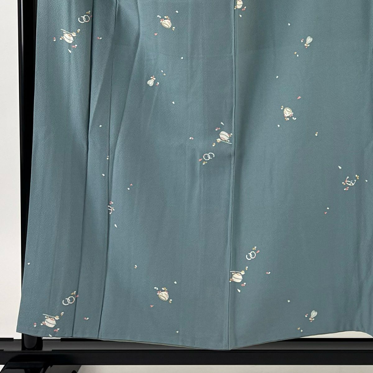 小紋 身長155cm 袖長64cm M 雙層 茶道具 花瓣 青灰色 純蠶絲 秀品級
