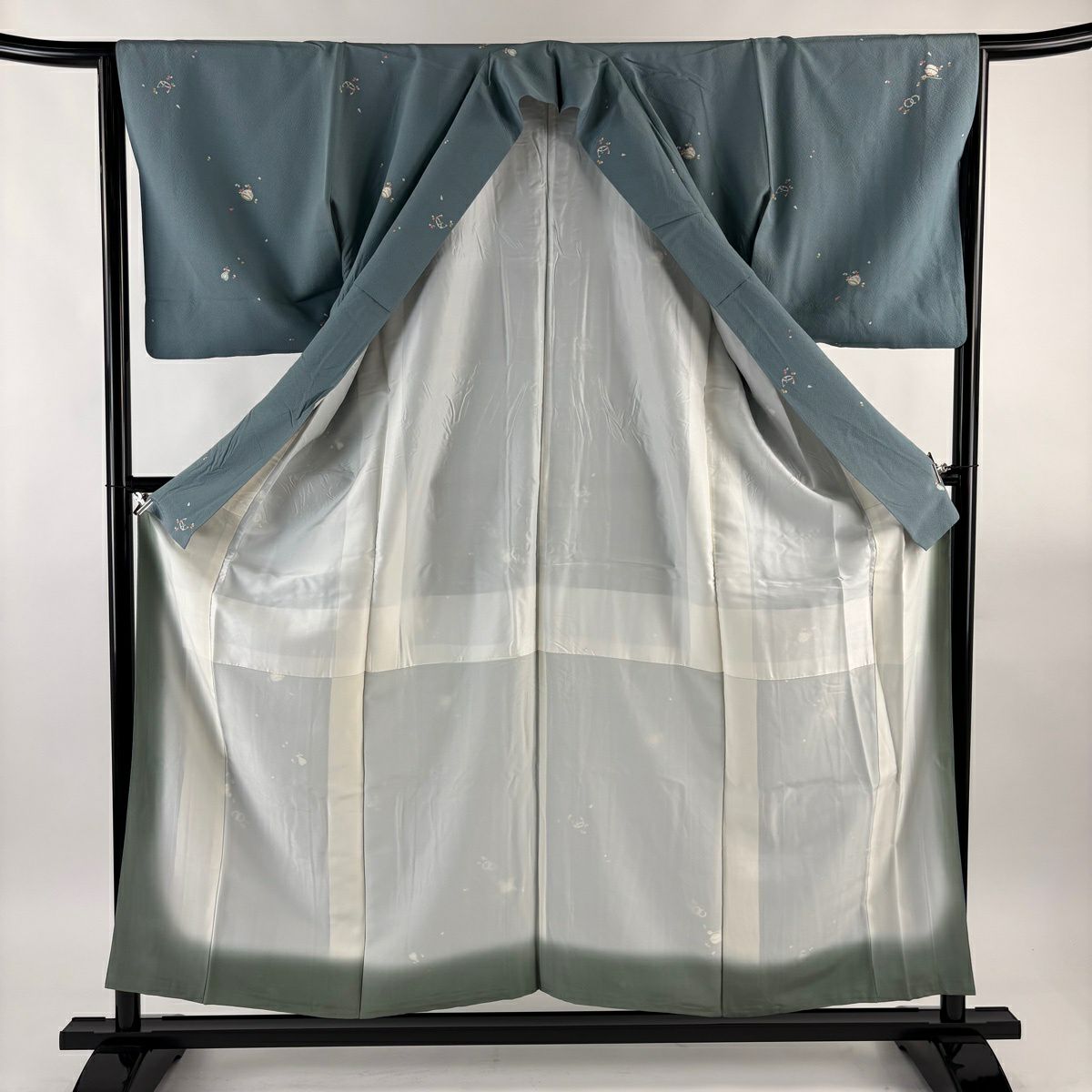 小紋 身長155cm 袖長64cm M 雙層 茶道具 花瓣 青灰色 純蠶絲 秀品級