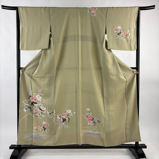 付下 身長157cm 袖長65cm M 雙層 枝花 草花紋紋 漸層 抹茶 純蠶絲 優品級