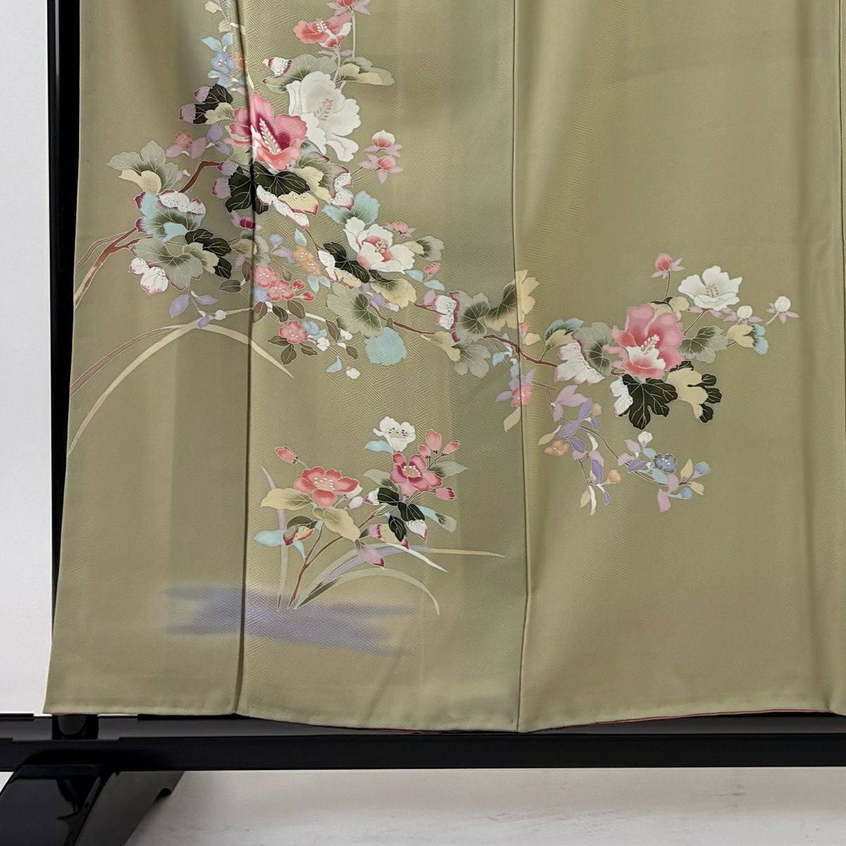 付下 身長157cm 袖長65cm M 雙層 枝花 草花紋紋 漸層 抹茶 純蠶絲 優品級