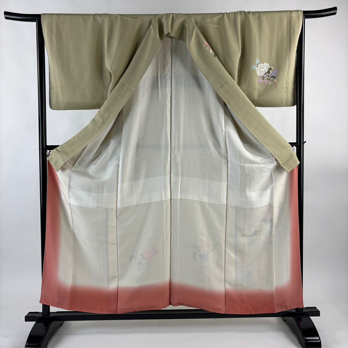 付下 身長157cm 袖長65cm M 雙層 枝花 草花紋紋 漸層 抹茶 純蠶絲 優品級