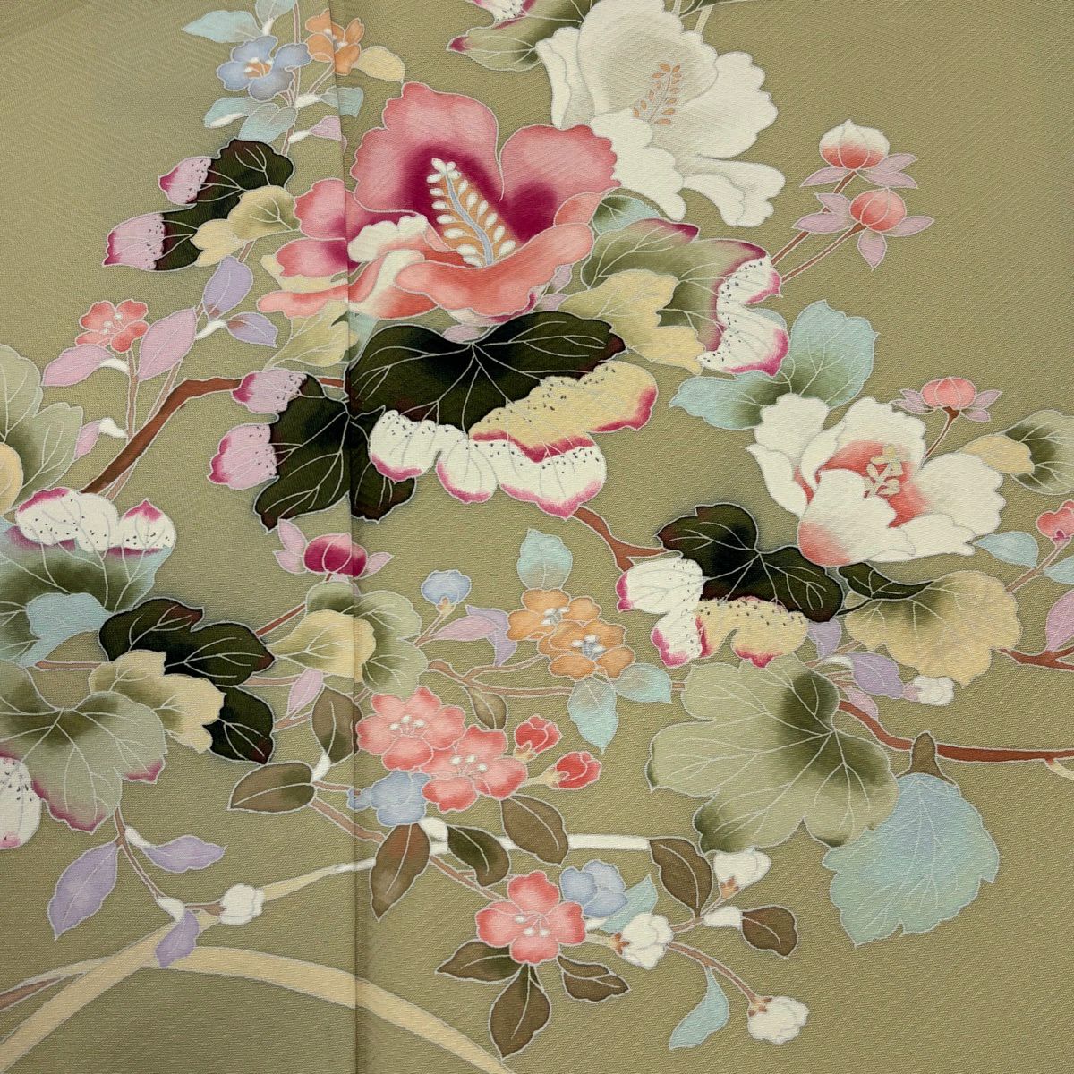 付下 身長157cm 袖長65cm M 雙層 枝花 草花紋紋 漸層 抹茶 純蠶絲 優品級
