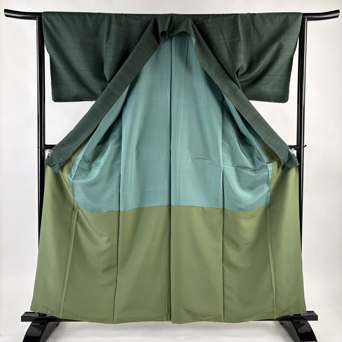 【美品】 紬織 身長161.5cm 袖長64cm M 雙層 深綠 純蠶絲 秀品級 一つ紋