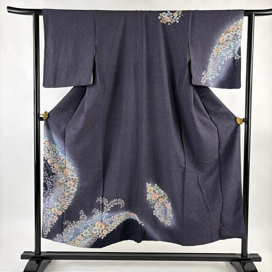 付下 身長150cm 袖長61cm S 雙層 櫻花菱 漸層 染分 深紫 純蠶絲 優品級