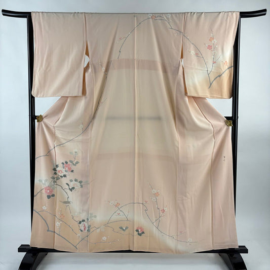 訪問服 身長159cm 袖長66.5cm M 雙層 落款有 椿 鳥 漸層 淺粉色 純蠶絲 優品級 一個紋