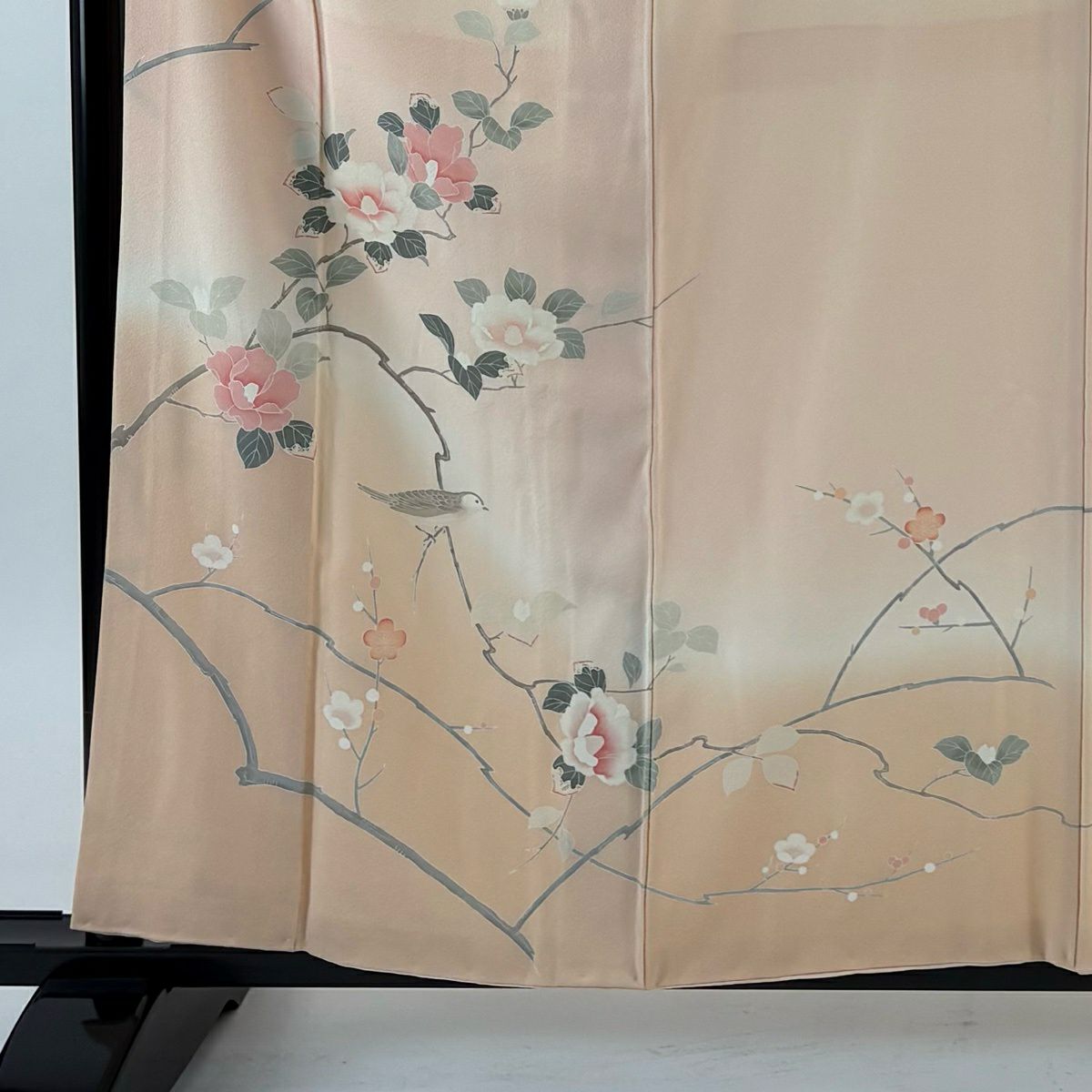 訪問服 身長159cm 袖長66.5cm M 雙層 落款有 椿 鳥 漸層 淺粉色 純蠶絲 優品級 一個紋
