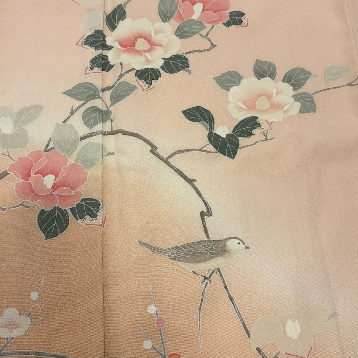 訪問服 身長159cm 袖長66.5cm M 雙層 落款有 椿 鳥 漸層 淺粉色 純蠶絲 優品級 一個紋