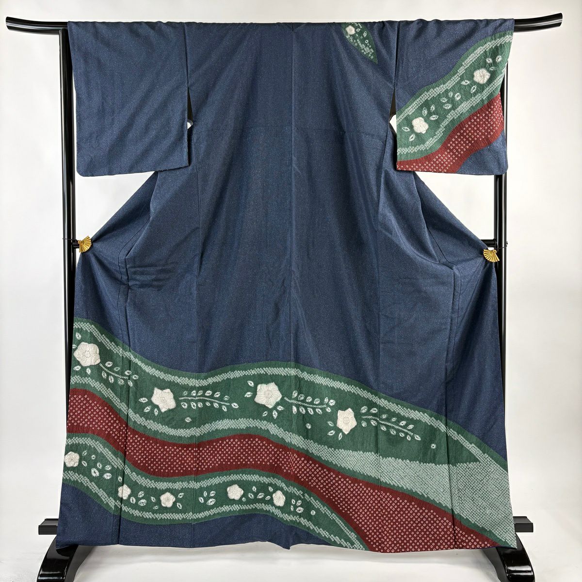 【美品】訪問服 身長166cm 袖長67.5cm L 雙層 紬織織 花紋 斜條 絞染 深藍 純蠶絲 優品級