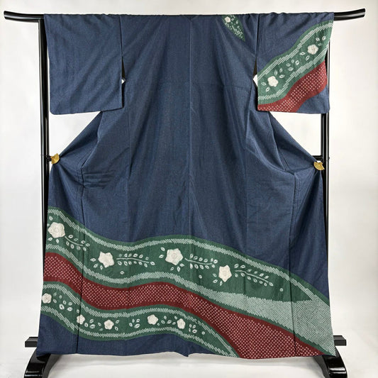 【美品】訪問服 身長166cm 袖長67.5cm L 雙層 紬織織 花紋 斜條 絞染 深藍 純蠶絲 優品級