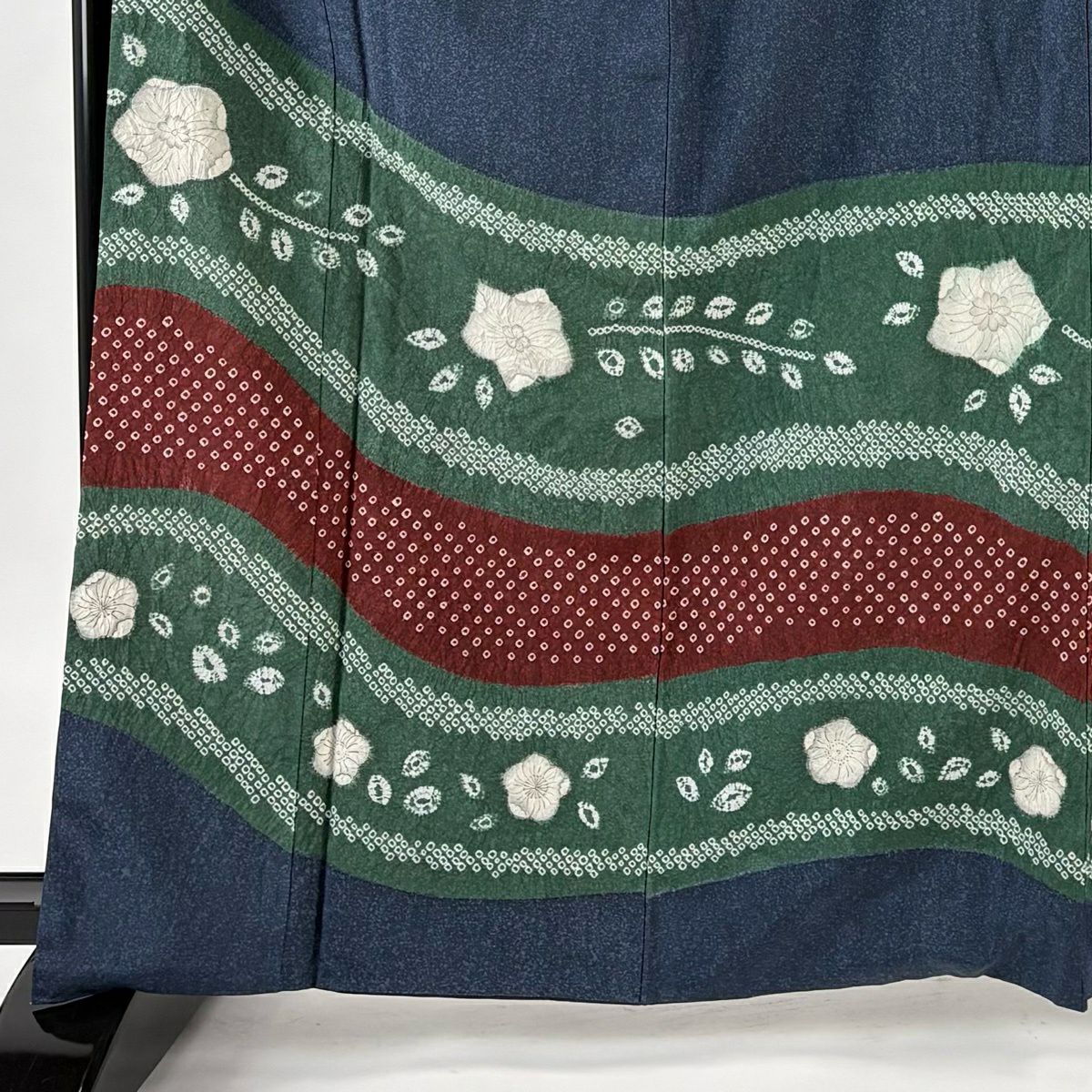 【美品】訪問服 身長166cm 袖長67.5cm L 雙層 紬織織 花紋 斜條 絞染 深藍 純蠶絲 優品級