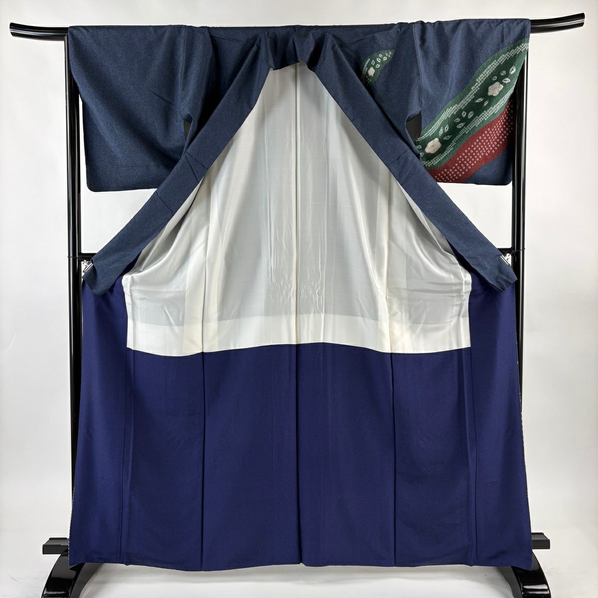 【美品】訪問服 身長166cm 袖長67.5cm L 雙層 紬織織 花紋 斜條 絞染 深藍 純蠶絲 優品級
