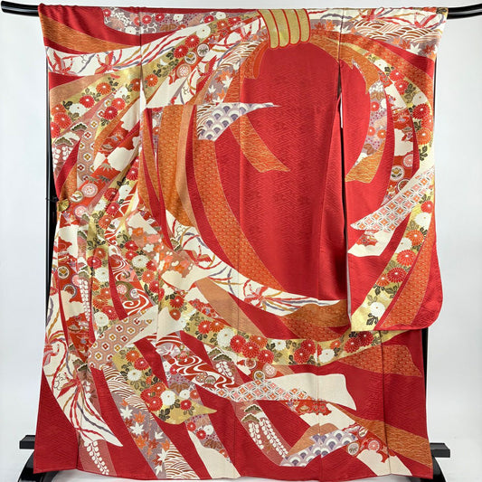 振袖禮服 身長167.5cm 袖長71cm L 雙層 菊花寶盡 金絲 金銀彩 紅 純蠶絲 秀品級