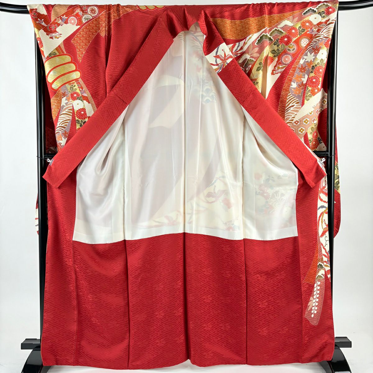 振袖禮服 身長167.5cm 袖長71cm L 雙層 菊花寶盡 金絲 金銀彩 紅 純蠶絲 秀品級