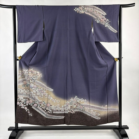 訪問服 身長154.5cm 袖長64cm M 雙層 辻花染圖案 漸層 灰紫 純蠶絲 優品級