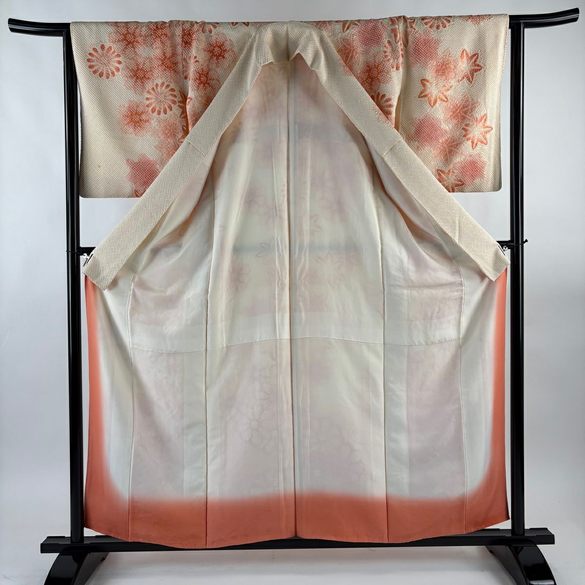 訪問服 身長159cm 袖長65cm M 雙層 紅葉 花 絞染 漸層 淺橙色 純蠶絲 優品級