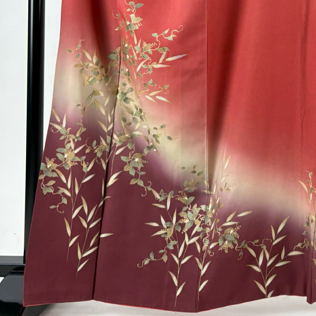 付下 身長163.5cm 袖長68cm L 雙層 草花紋紋 螺鈿 金銀彩 茜 純蠶絲 秀品級