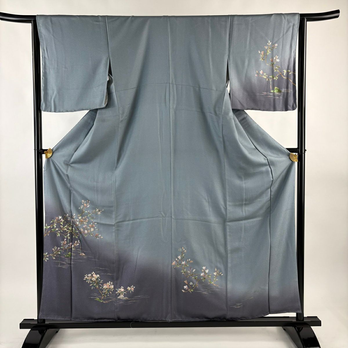 付下 身長159cm 袖長65.5cm M 雙層 枝花 水面 金銀彩 青灰 純蠶絲 秀品級