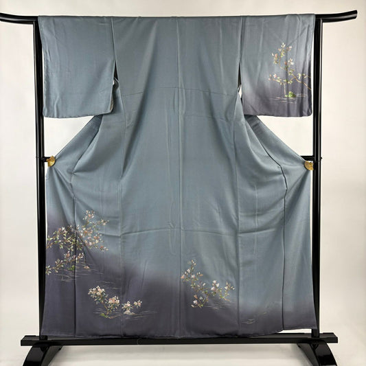 付下 身長159cm 袖長65.5cm M 雙層 枝花 水面 金銀彩 青灰 純蠶絲 秀品級
