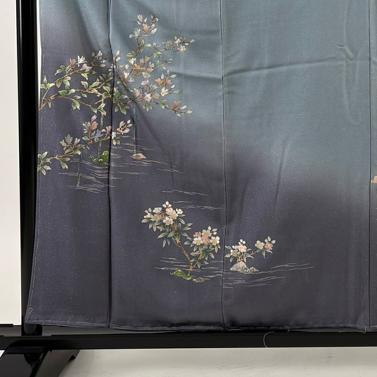付下 身長159cm 袖長65.5cm M 雙層 枝花 水面 金銀彩 青灰 純蠶絲 秀品級