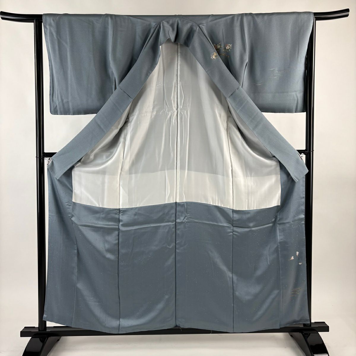 付下 身長159cm 袖長65.5cm M 雙層 枝花 水面 金銀彩 青灰 純蠶絲 秀品級