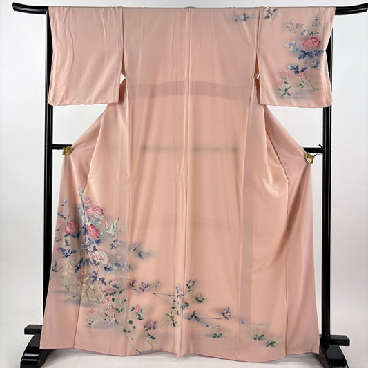 訪問服 身長165.5cm 袖長67cm M 雙層 草花紋紋 鳥 逐漸變色 粉紅 純蠶絲 秀品級