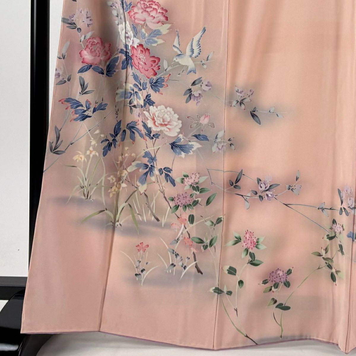 訪問服 身長165.5cm 袖長67cm M 雙層 草花紋紋 鳥 逐漸變色 粉紅 純蠶絲 秀品級