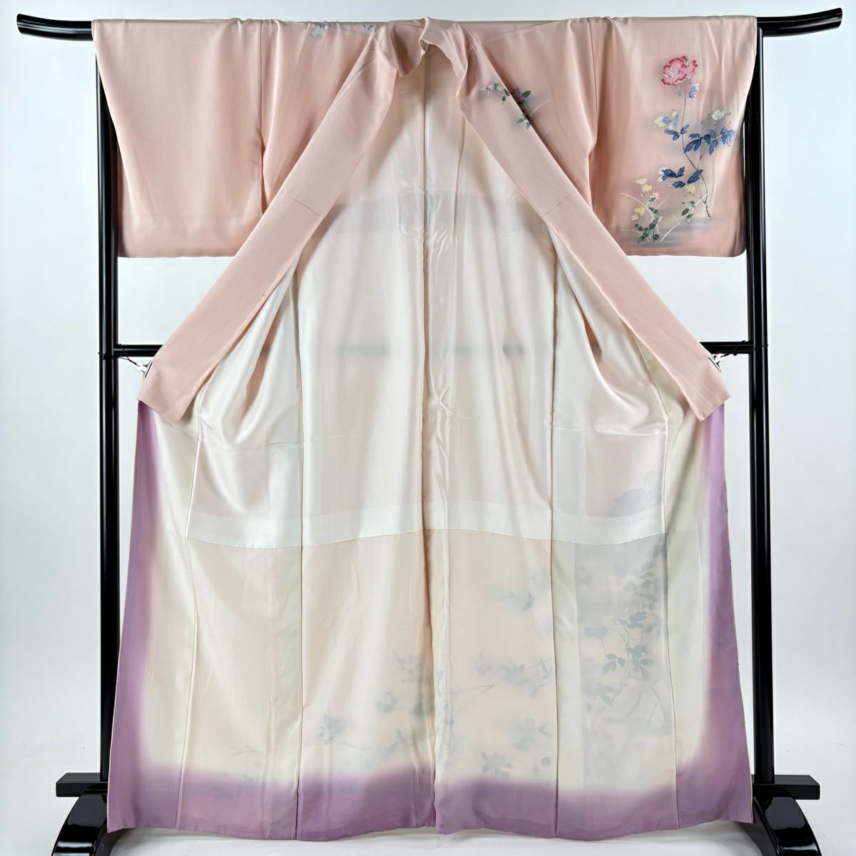 訪問服 身長165.5cm 袖長67cm M 雙層 草花紋紋 鳥 逐漸變色 粉紅 純蠶絲 秀品級