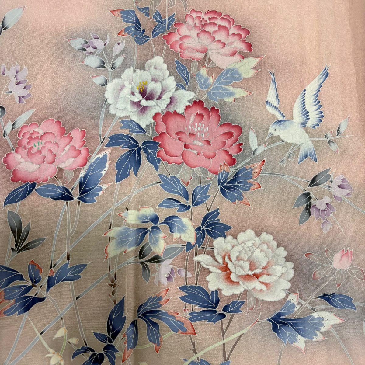 訪問服 身長165.5cm 袖長67cm M 雙層 草花紋紋 鳥 逐漸變色 粉紅 純蠶絲 秀品級