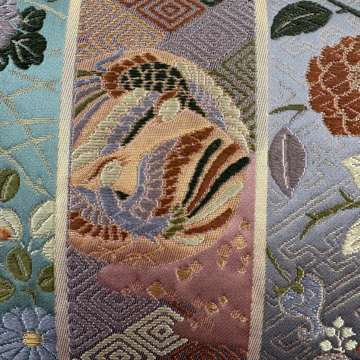 【美品】 袋帶 優品級 向鳥 草花紋 金金箔 金絲 灰紫 六通 純蠶絲