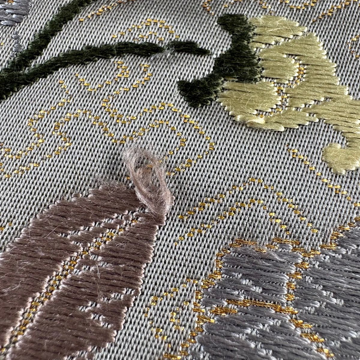 【美品】 袋帶 優品級 向鳥 草花紋 金金箔 金絲 灰紫 六通 純蠶絲