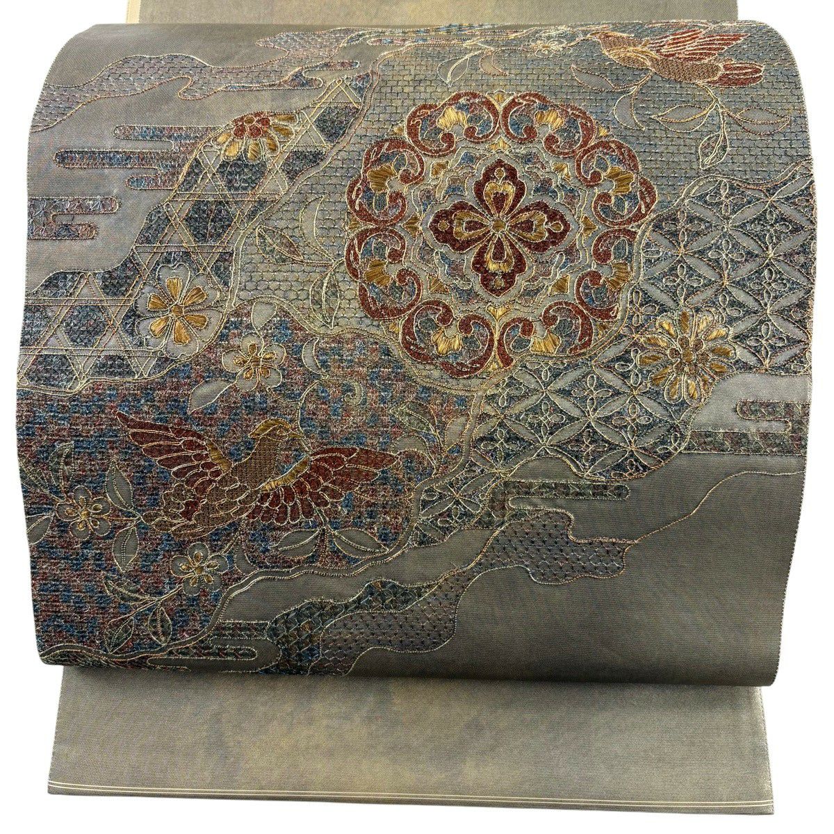 【美品】 袋帶 秀品級 關西仕立 雜花文 花喰鳥 刺繡 金金箔 灰 深藍柄 純蠶絲