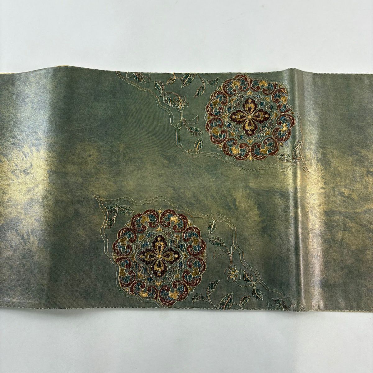 【美品】 袋帶 秀品級 關西仕立 雜花文 花喰鳥 刺繡 金金箔 灰 深藍柄 純蠶絲
