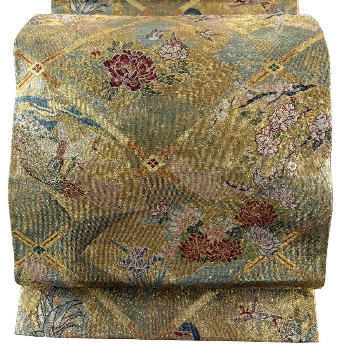 【美品】 袋帶 秀品級 扇子面 花鳥 金金箔 金絲 金色 六通 純蠶絲