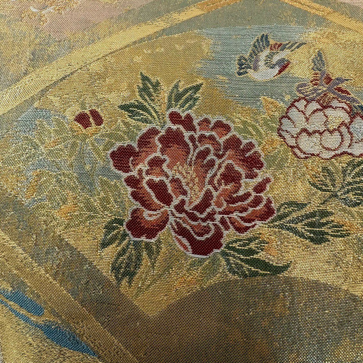 【美品】 袋帶 秀品級 扇子面 花鳥 金金箔 金絲 金色 六通 純蠶絲