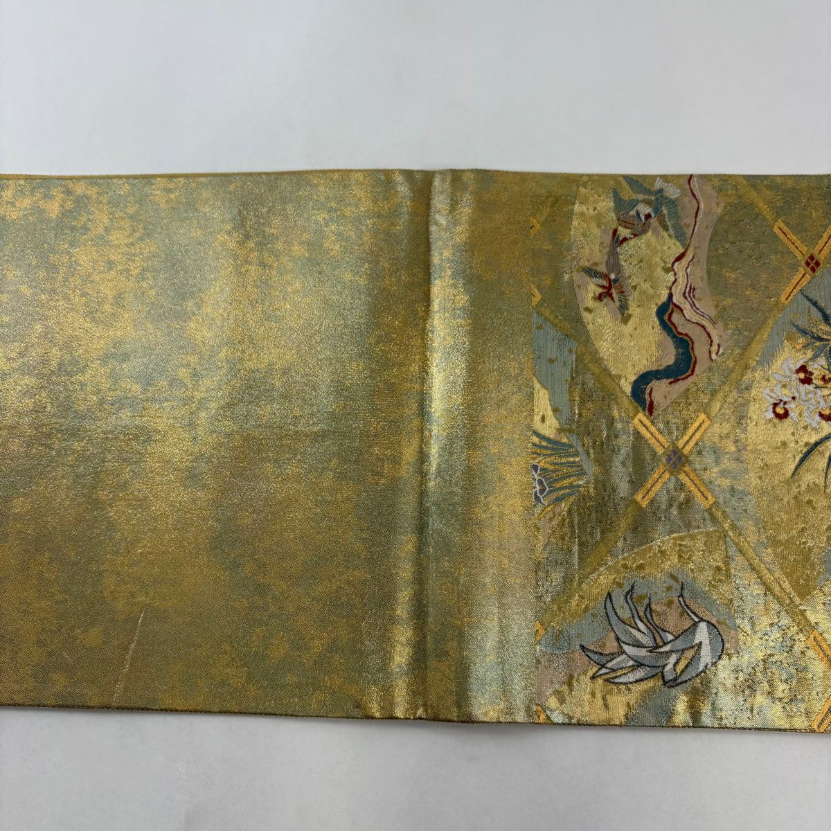 【美品】 袋帶 秀品級 扇子面 花鳥 金金箔 金絲 金色 六通 純蠶絲