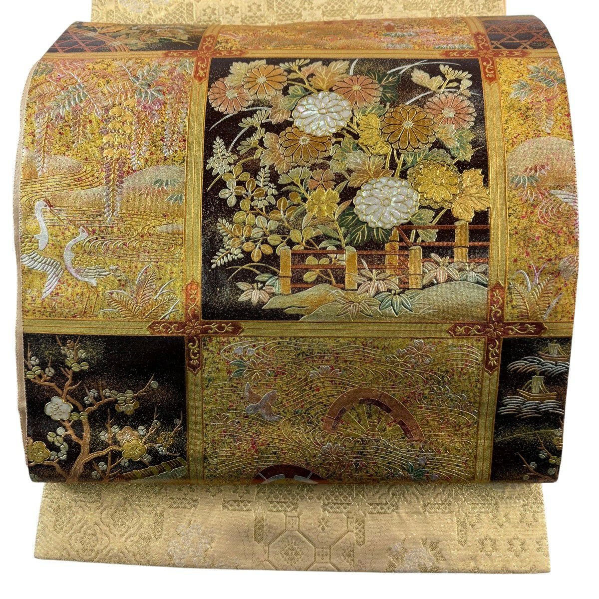 【美品】 袋帶 秀品級 菊花 橋 螺鈿 金銀彩 金色 大鼓圖案 純蠶絲