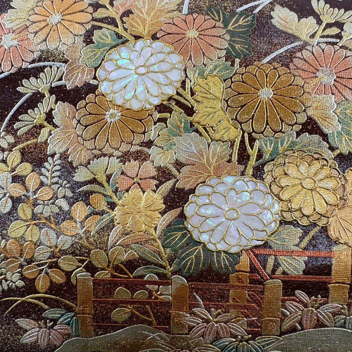 【美品】 袋帶 秀品級 菊花 橋 螺鈿 金銀彩 金色 大鼓圖案 純蠶絲