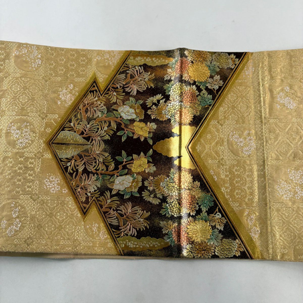 【美品】 袋帶 秀品級 菊花 橋 螺鈿 金銀彩 金色 大鼓圖案 純蠶絲