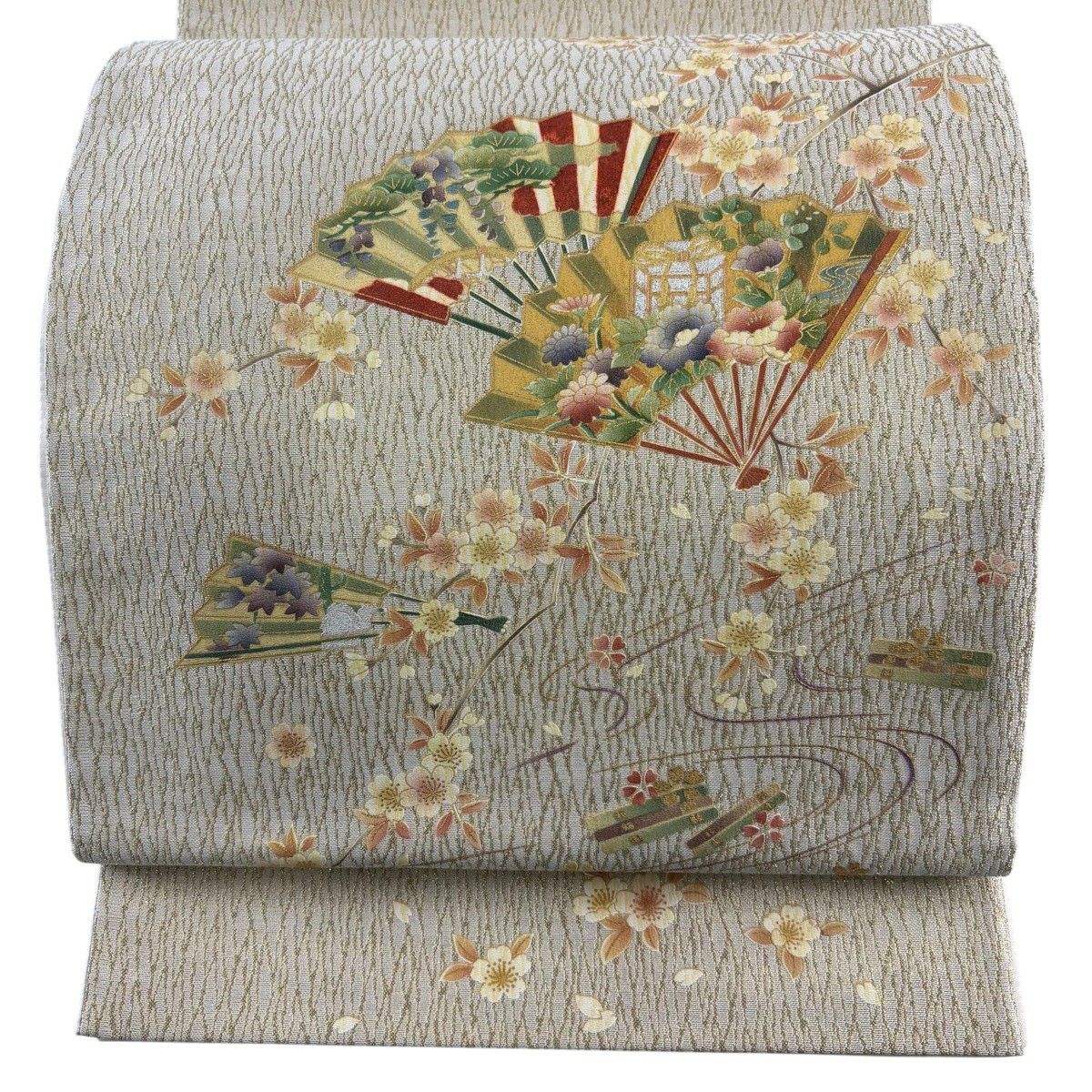 【美品】 袋帶 秀品級 扇子子 櫻花 金銀彩 金絲 灰白 お太鼓圖案 純蠶絲