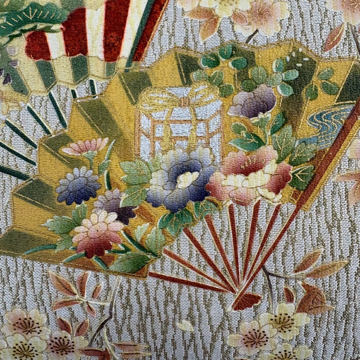 【美品】 袋帶 秀品級 扇子子 櫻花 金銀彩 金絲 灰白 お太鼓圖案 純蠶絲