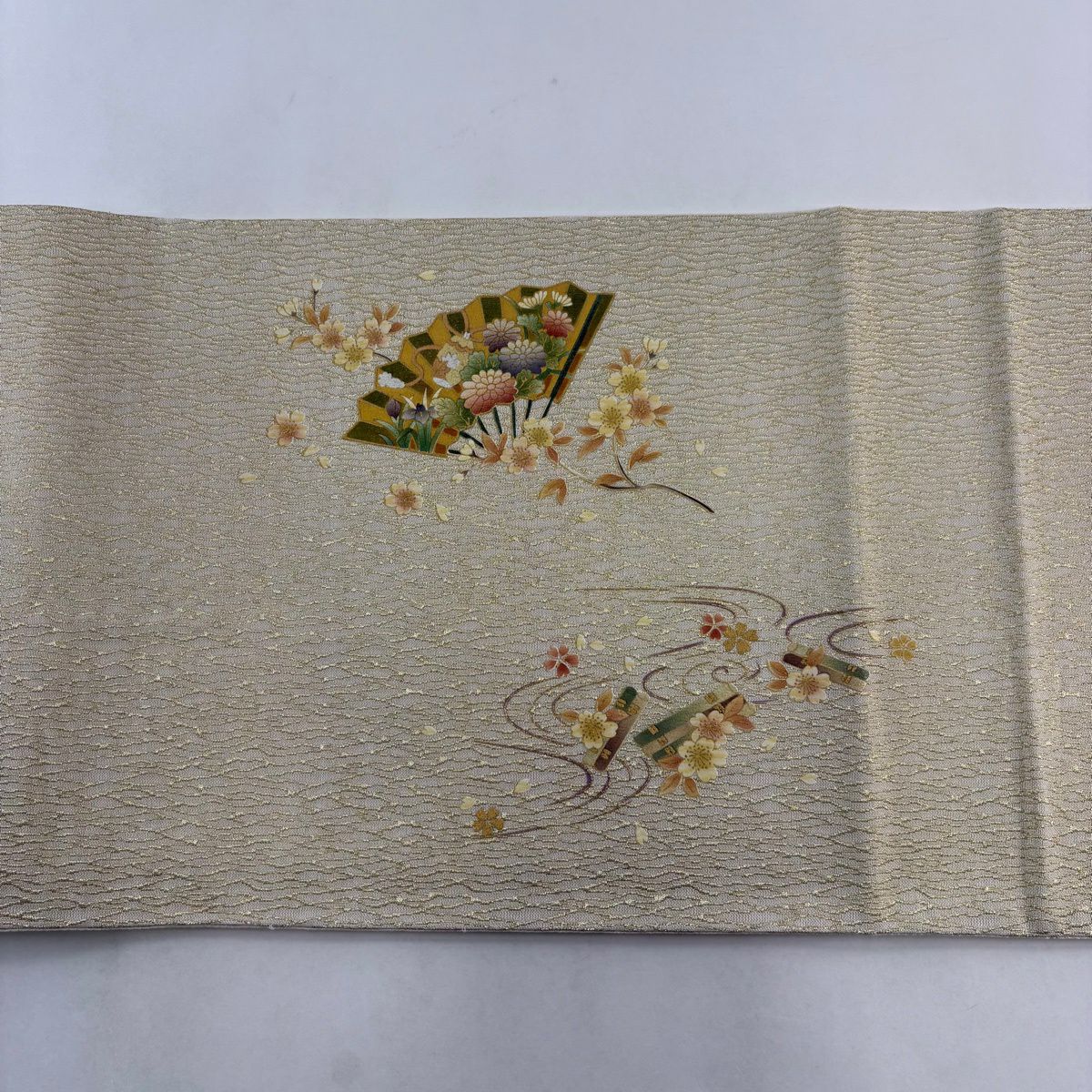 【美品】 袋帶 秀品級 扇子子 櫻花 金銀彩 金絲 灰白 お太鼓圖案 純蠶絲