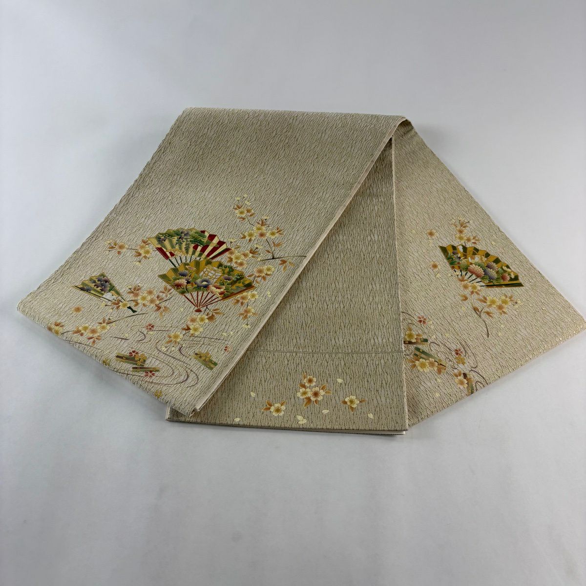 【美品】 袋帶 秀品級 扇子子 櫻花 金銀彩 金絲 灰白 お太鼓圖案 純蠶絲