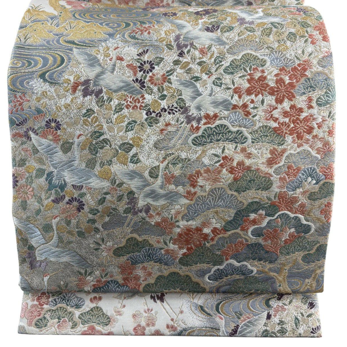 【美品】 袋帶 秀品級 仙鶴 松樹 金金箔 金絲 灰白 六通 純蠶絲
