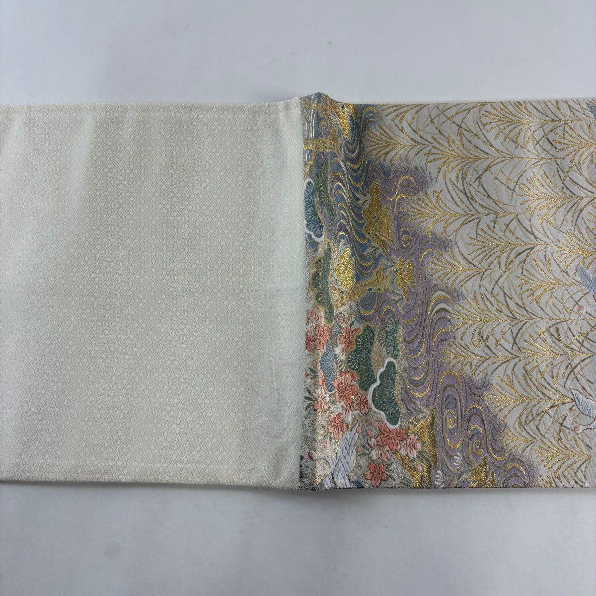 【美品】 袋帶 秀品級 仙鶴 松樹 金金箔 金絲 灰白 六通 純蠶絲